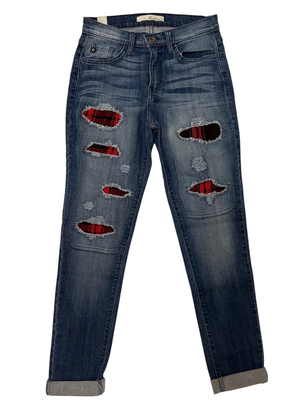 KanCan Distressed Boyfriend Jeans Plaid Patch MediumWash Cuffed Denim Size 26